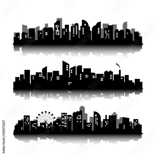 vector design set of panoramas of black city architecture on transparent