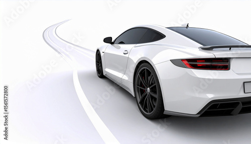 White Sports Car Driving on Curved Road Minimal Background