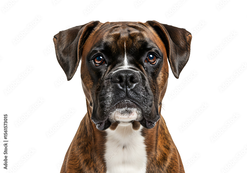 A focused frontfacing portrait of a brown Boxer dog with a black background A focused frontfacing portrait of a brown Boxer dog with a black background