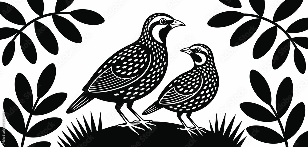 Two Quail Birds with Decorative Leaves Two Quail Birds with Decorative Leaves