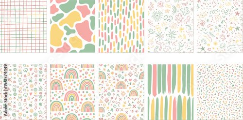 Set of fun colorful vector seamless pattern. Kid confetti background. Childish party celebration concept. Hand drawn design useful for fabric, textile, cover, banner, label, print, wrapping, wallpaper