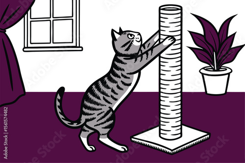 Playful cat stretching and reaching for a scratching post in a whimsical illustration