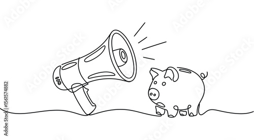 One Line Drawing of Megaphone and Piggy Bank