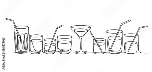 One Line Drawing of Various Drinks and Cocktails