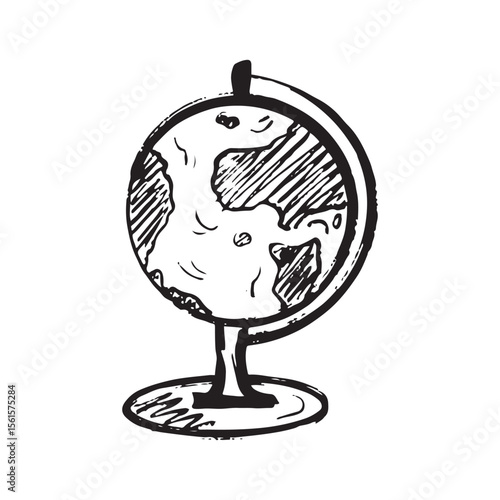 School globus design in black brush stroke texture isolated on white. Hand drawn vector sketch illustration in vintage charcoal ink. Study geography, earth concept, travel, print, back to school.