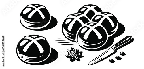 Set of Black and White Cross Bun Illustrations