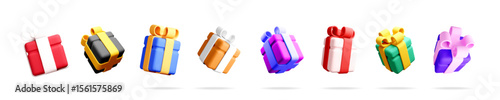 Colorful 3d rendering of a set of gift boxes with ribbons. Present for birthday, holiday, sale or celebration.