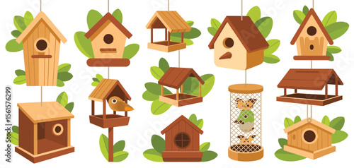 Collection of Colorful Wooden Birdhouses and Feeders