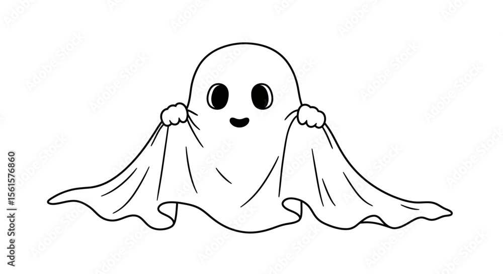 Vector Contour Line Drawing of Cute Cartoon Ghost Under a Sheet – Isolated Halloween Character Vector Contour Line Drawing of Cute Cartoon Ghost Under a Sheet – Isolated Halloween Character