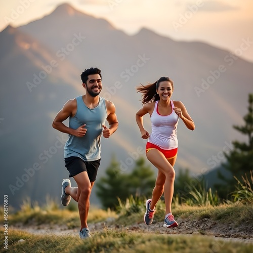 Pareja joven corriendo al aire libre en la montaña — running, ejercicio, estilo de vida saludable, fitness, trail running, naturaleza, deporte en pareja, bienestar, entrenamiento, actividad física al 