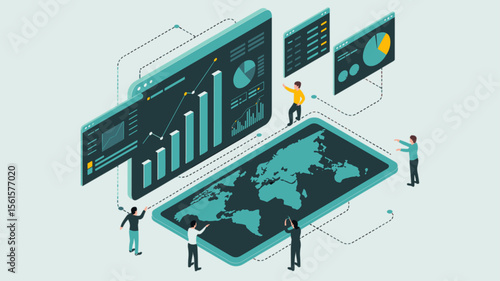 analyst team working on global data dashboard, isometric vector illustration for data analytics, business intelligence and big data visualization