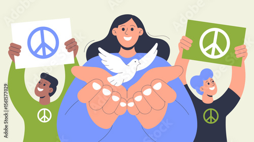 activists holding peace signs and a dove, vector illustration for peaceful demonstration and hope for change 