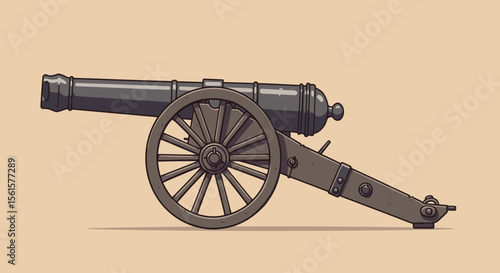Flat Vector Cartoon Illustration of Old Artillery Cannon – Side View Historical War Weapon Drawing