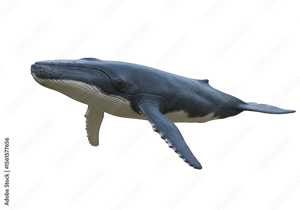 Naklejka premium A humpback whale swims viewed from below its grey body contrasting against a stark black background