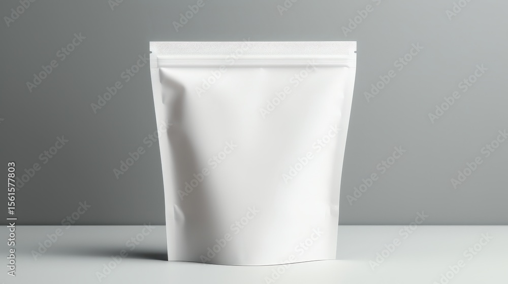 White resealable stand-up pouch bag on a white surface with a gray background, ideal for packaging various products. White resealable stand-up pouch bag on a white surface with a gray background, ideal for packaging various products.
