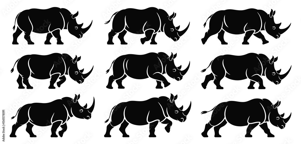 Obraz premium Collection of Black and White Rhinoceros Silhouettes