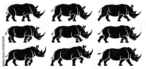 Collection of Black and White Rhinoceros Silhouettes