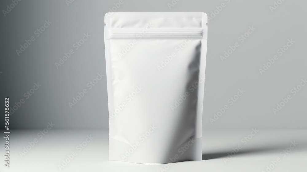 A plain white resealable stand-up pouch on a neutral gray background, ideal for packaging various products. A plain white resealable stand-up pouch on a neutral gray background, ideal for packaging various products.