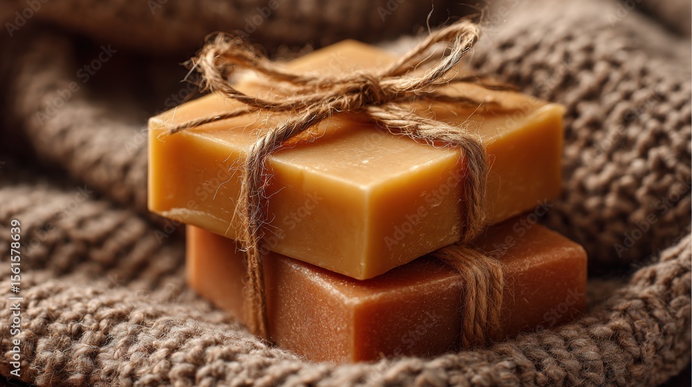 Natural Handmade Caramel and Butterscotch Soap Bars with Twine Accessories. Natural Handmade Caramel and Butterscotch Soap Bars with Twine Accessories.