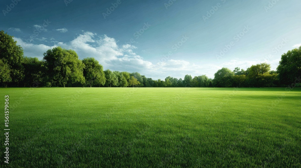 Obraz premium Expansive lush green field with vibrant grass and tall trees under a bright blue sky.