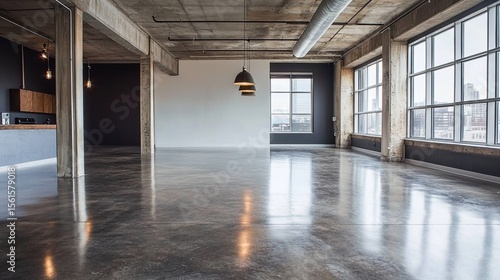Urban loft with industrial pendant lights and polished concrete floors.