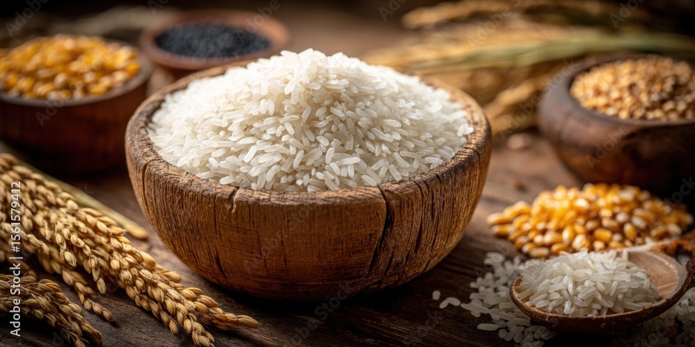 Close-up of a rustic wooden bowl filled with fluffy white rice on a wooden table surrounded by grains. Close-up of a rustic wooden bowl filled with fluffy white rice on a wooden table surrounded by grains.