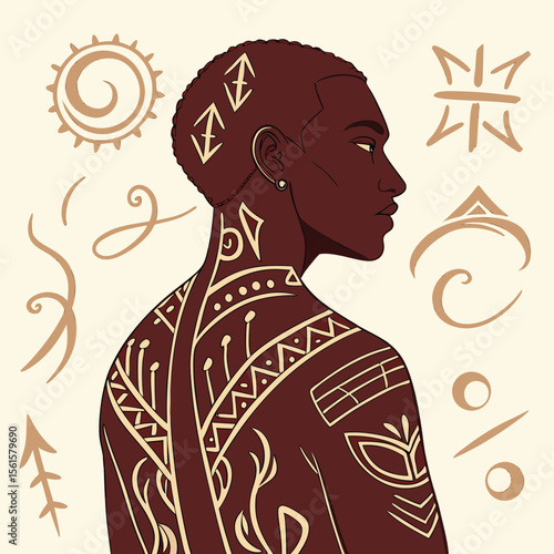 Illustration of a dark skinned person with tribal tattoos and symbols on a light background
