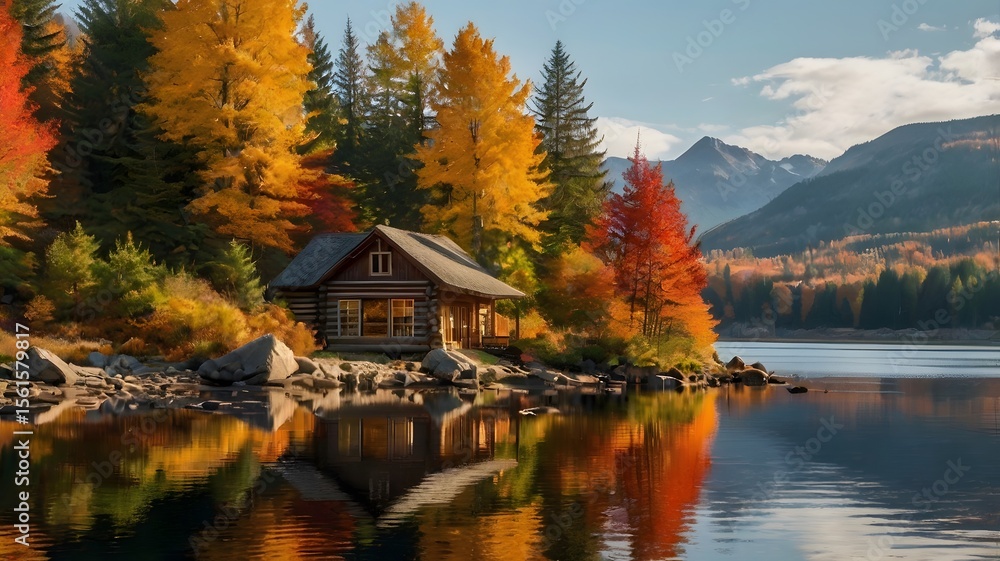 Fototapeta premium Autumn Mountain Reflections with Cozy Log Cabin by the Shore