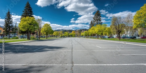 Fototapeta Naklejka Na Ścianę i Meble -  Empty paved parking lot lined with vibrant spring trees under a partly cloudy sky