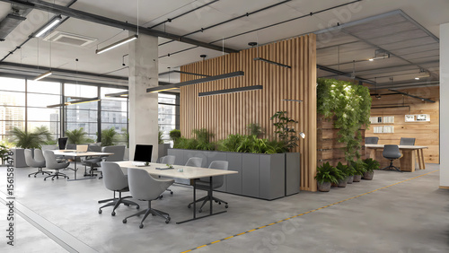 Modern office space design with plants and natural light for a collaborative work environment concept