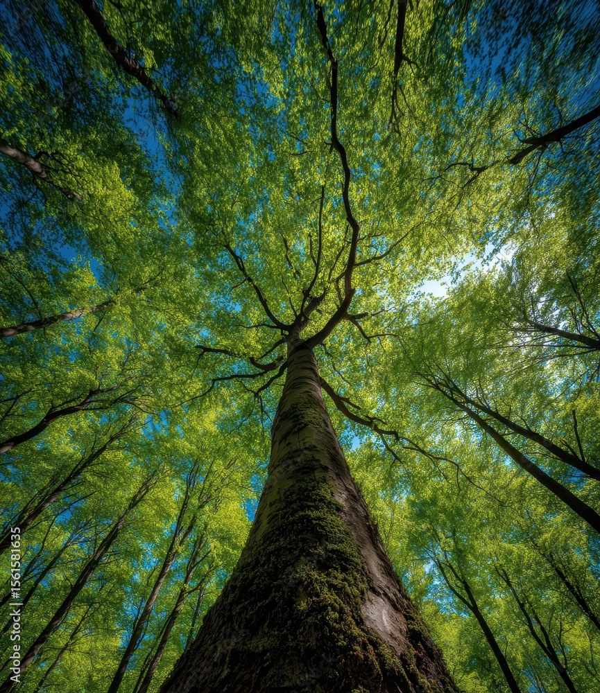 Fototapeta premium Lush forest canopy, upward view