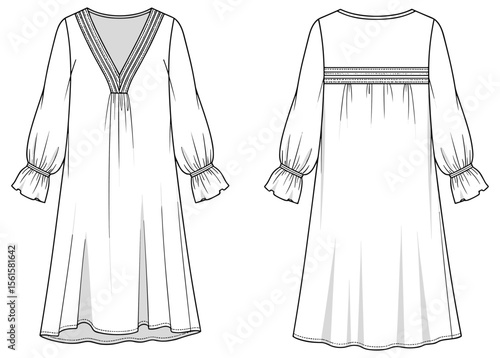 Elegant long-sleeve maxi dress with ruffled cuffs, V-neckline, waist seam detail, fashion sketch front and back garment illustration template