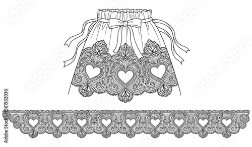 Lace applique skirt design with heart and bow motifs, floral embroidered trim, fashion illustration template ideal for garments, crafts, and textile art
