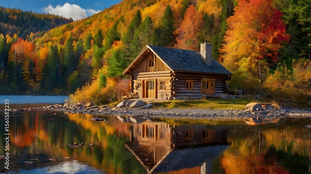 Fototapeta premium Autumn Mountain Reflections with Cozy Log Cabin by the Shore
