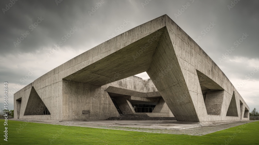 Modern Concrete Architectural Building with Geometric Design and Open Spaces. Modern Concrete Architectural Building with Geometric Design and Open Spaces.