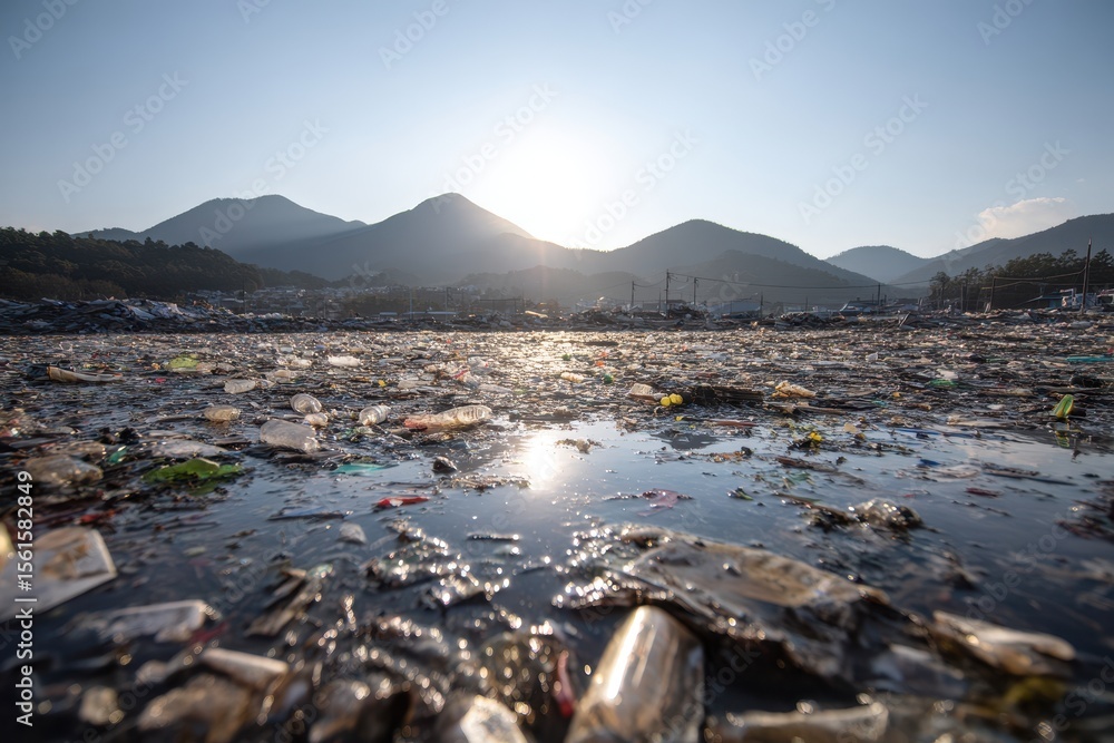 Naklejka premium Plastic waste litters a waterfront