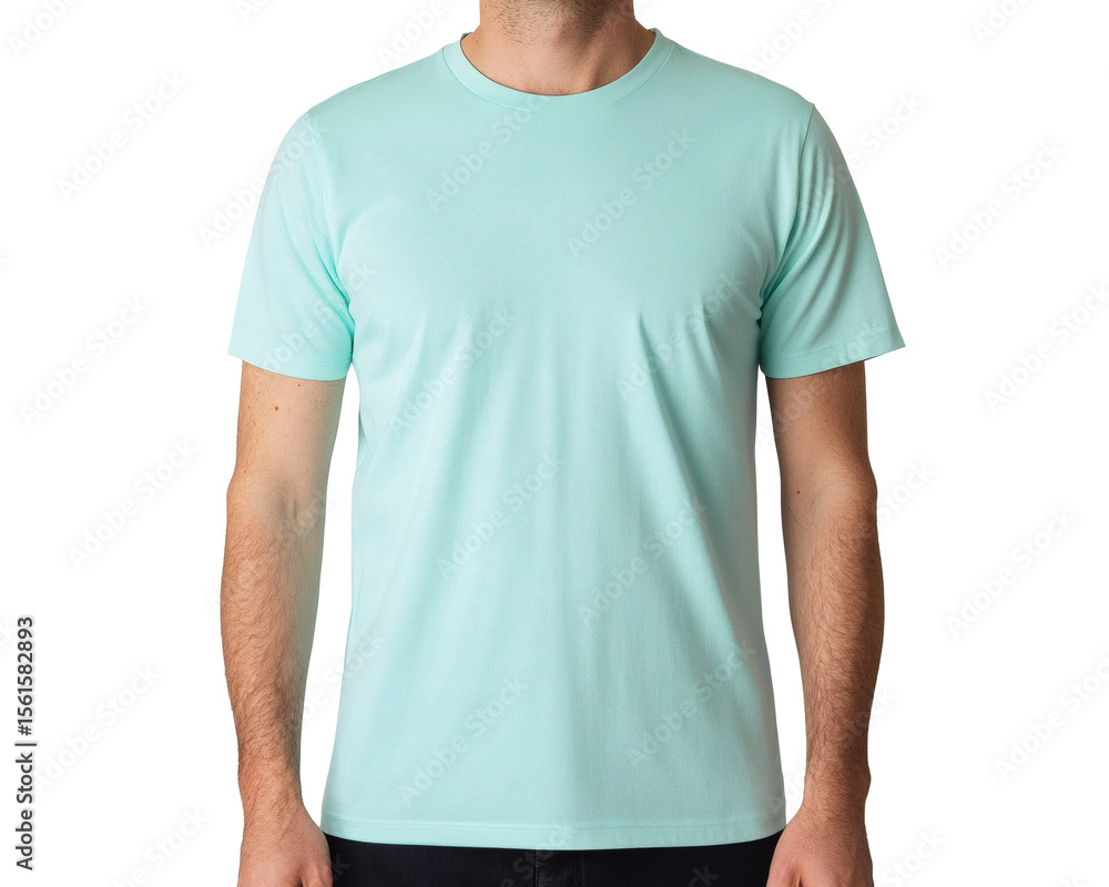 Fototapeta premium Man is wearing a light green or teal T-shirt, showcasing the simple design and color of the shirt.