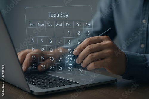 Person using a stylus to select the 17th day on a digital calendar displayed on a laptop screen