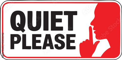 Quiet Please Warning Sign With Red Silhouette Person Gesture And Bold Black Text On White Background For Silence Zone Design

