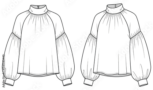 High-neck gathered blouse flat sketch with voluminous sleeves, cuffed wrists, and curved hem—front and back detailed technical illustration