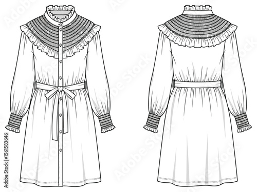 Ruffled yoke dress flat sketch with high neck, belt waist, gathered sleeves—front and back views for stylish garment design
