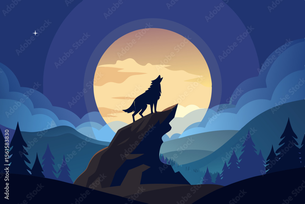 Fototapeta premium A lone wolf howls at the moon, its silhouette stark against the dark night sky