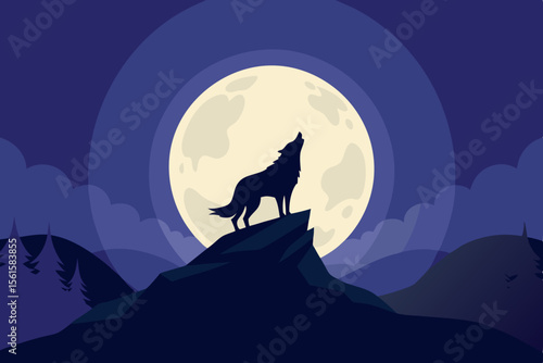 A solitary wolf silhouette howls at the full moon in a dark forest under the night sky, a wild nature illustration