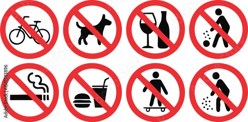 Prohibited Activities Warning Signs Set With Red Circles Showing No Smoking Drinking Eating Bicycle Dogs Skateboarding Littering

