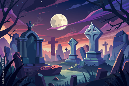 Spooky Halloween night with a haunted castle, silhouetted trees, and bats against a moonlit sky, perfect for a dark holiday illustration