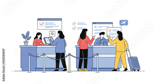 Airport Check In Process Travelers Interacting With Airline Staff at Counters for Boarding Procedures