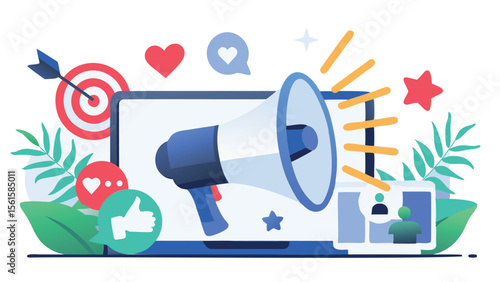 Illustration of a laptop displaying a megaphone target heart and social media icons design art