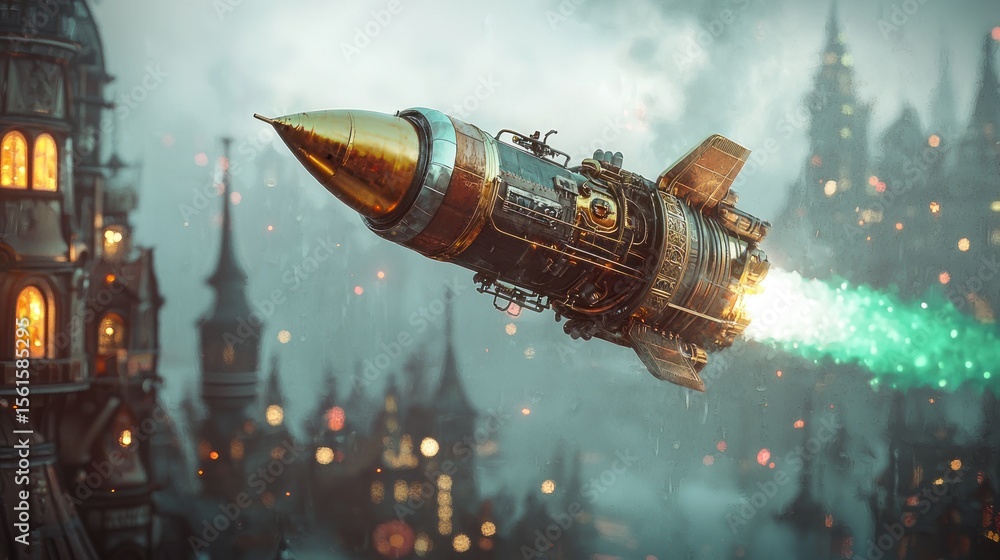 Naklejka premium Steampunk Rocket Launching Over a Mystical City