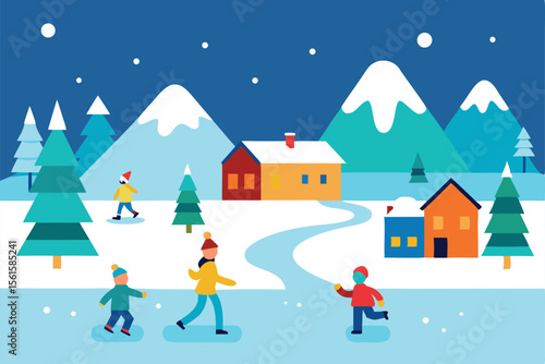 Christmas Village with Children Ice Skating