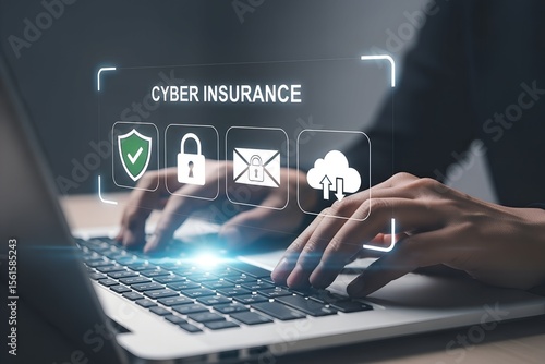 Person typing on a laptop with a digital interface showing cyber insurance icons and security symbols